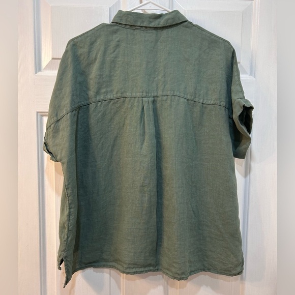 Cynthia Rowley 100% Linen Button Up Sz M Short Sleeve Boxy Bohemian Beach Nature - Picture 2 of 7